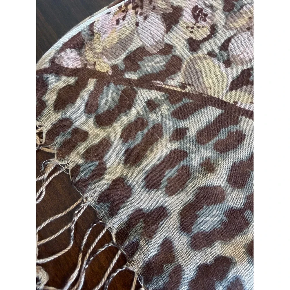 Leopard Floral Scarf Brown Pink Animal Print Fringe Wrap‎ Boho-Chic Maximalist